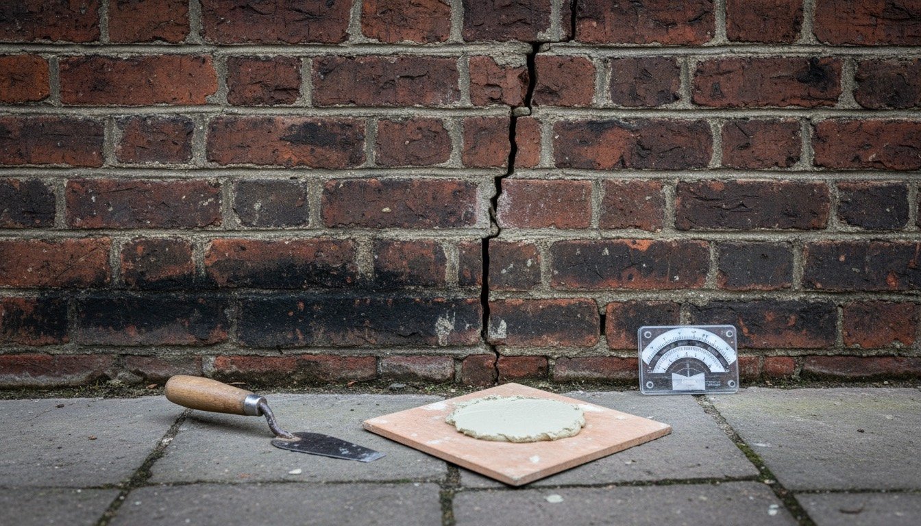 A stepped crack running through the mortar joints of a Victorian solid brick wall near ground level, with a repointing trowel and lime mortar alongside