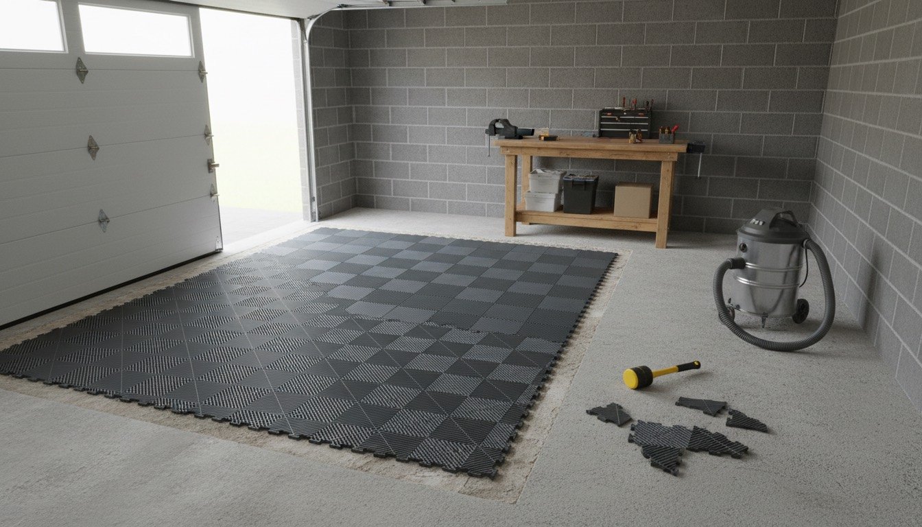 A UK single garage with grey interlocking PVC floor tiles part-laid over a bare concrete slab, with a rubber mallet and offcuts beside them
