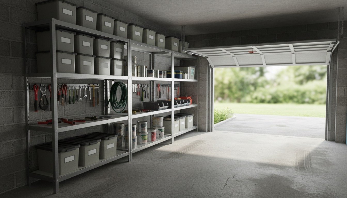 Galvanised boltless shelving bays along the side wall of a UK single garage, loaded with labelled storage boxes, paint tins and garden tools