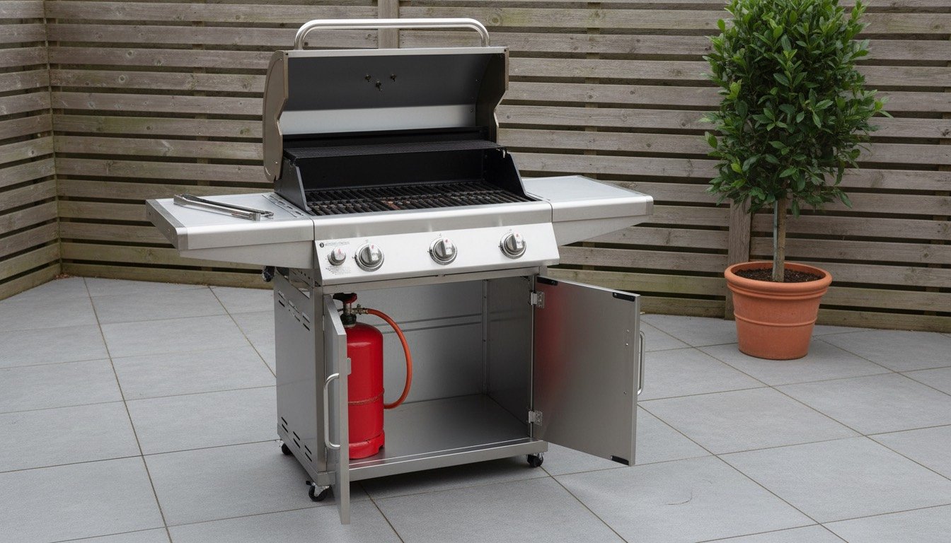 A three-burner stainless steel gas barbecue with the lid open on a grey paved patio beside a wooden fence, with a propane cylinder in the cabinet below