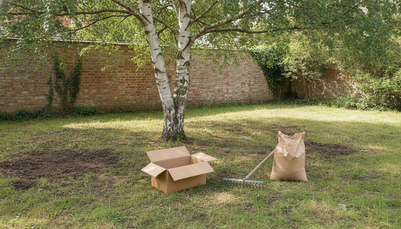 A shaded back garden lawn beneath a mature tree, with thin patchy grass, a seed box and a spring-tine rake resting on the turf