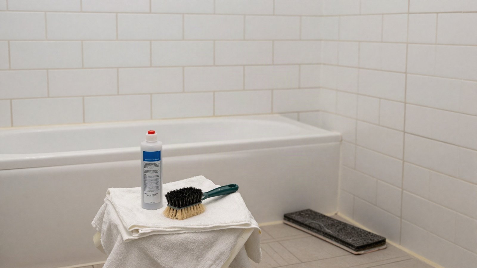Bottle of grout sealer and a foam applicator on a dust sheet beside freshly grouted white metro tiles in a UK bathroom