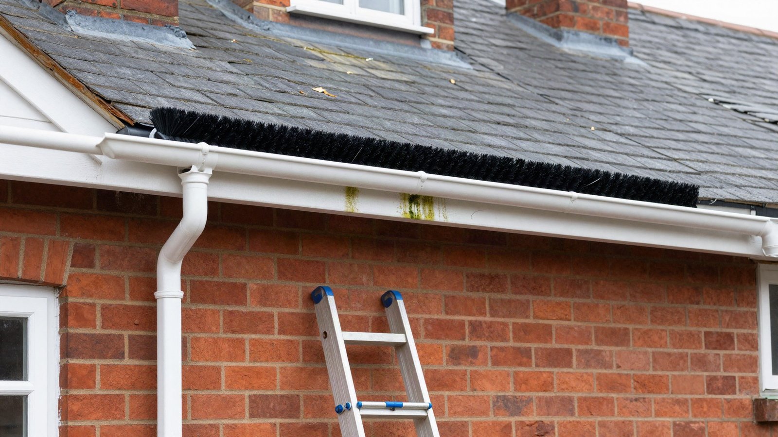 White uPVC half-round gutter on a red-brick British semi with a black bristle gutter brush guard fitted along one length