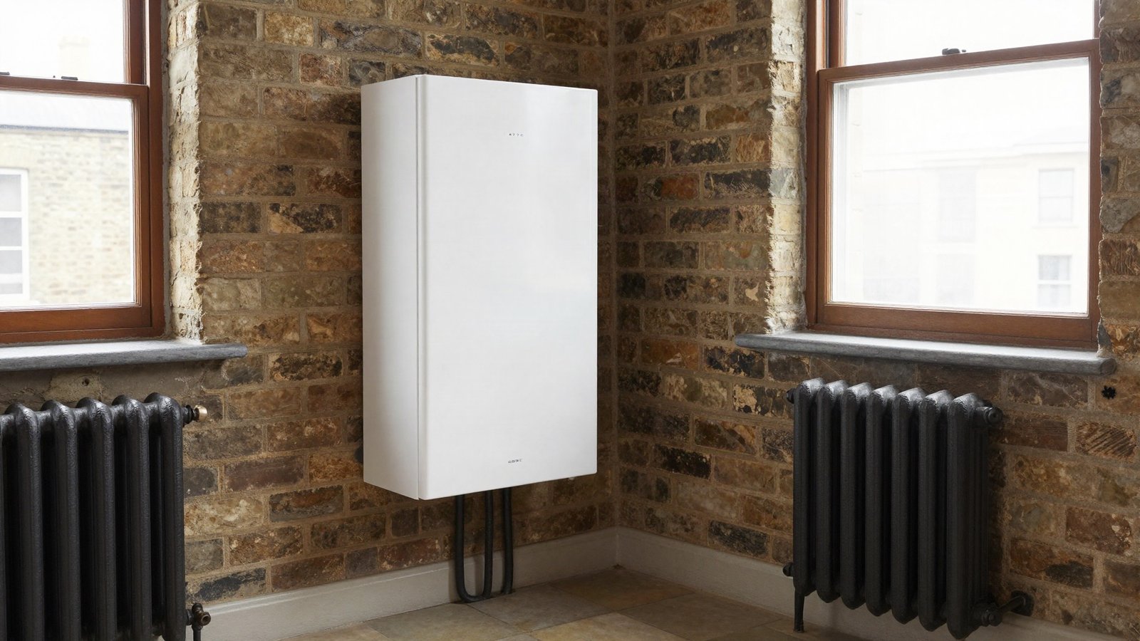A wall-mounted home battery storage unit and consumer unit in the utility room of a Victorian terraced house