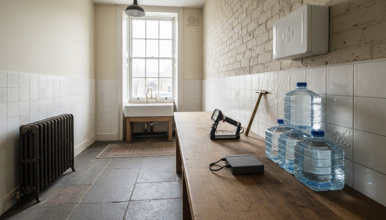 Home emergency supplies laid out on a Victorian kitchen worktop: torch, portable power station, long stopcock key, first aid kit and bottled water