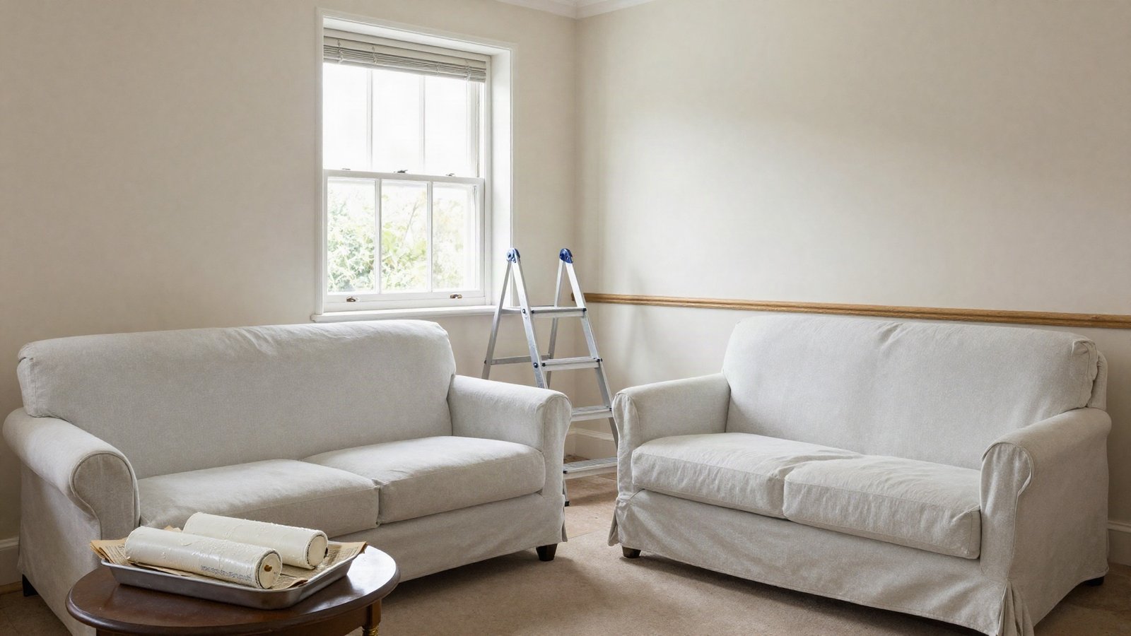 A UK living room part-way through a pre-sale refresh, with dust sheets, a paint roller tray and a stepladder by the bay window