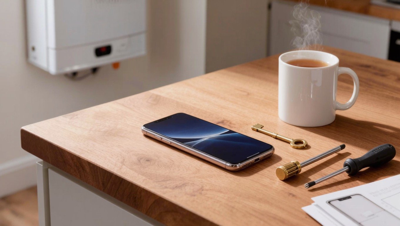 Smartphone face down on a wooden kitchen table beside a radiator key, screwdriver, appliance manual and a mug of tea in a bright UK kitchen