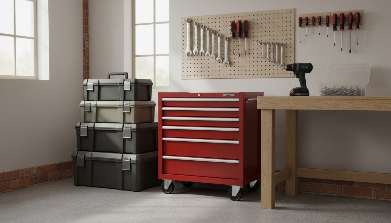 A tidy UK garage wall with a stacked modular tool box system, a steel roller cabinet and a perforated wall panel holding hand tools
