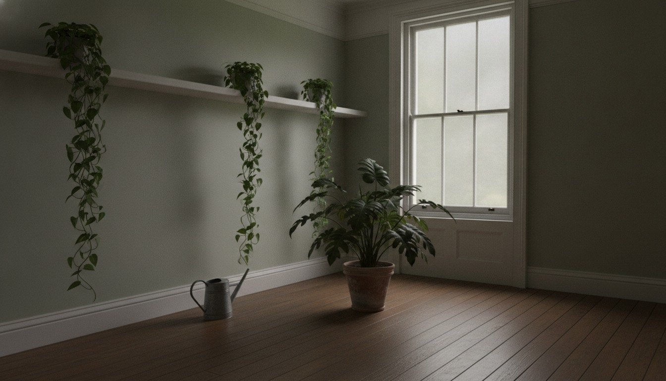 A cast iron plant and a trailing devil's ivy on a painted shelf beside a north-facing sash window in a British terraced house