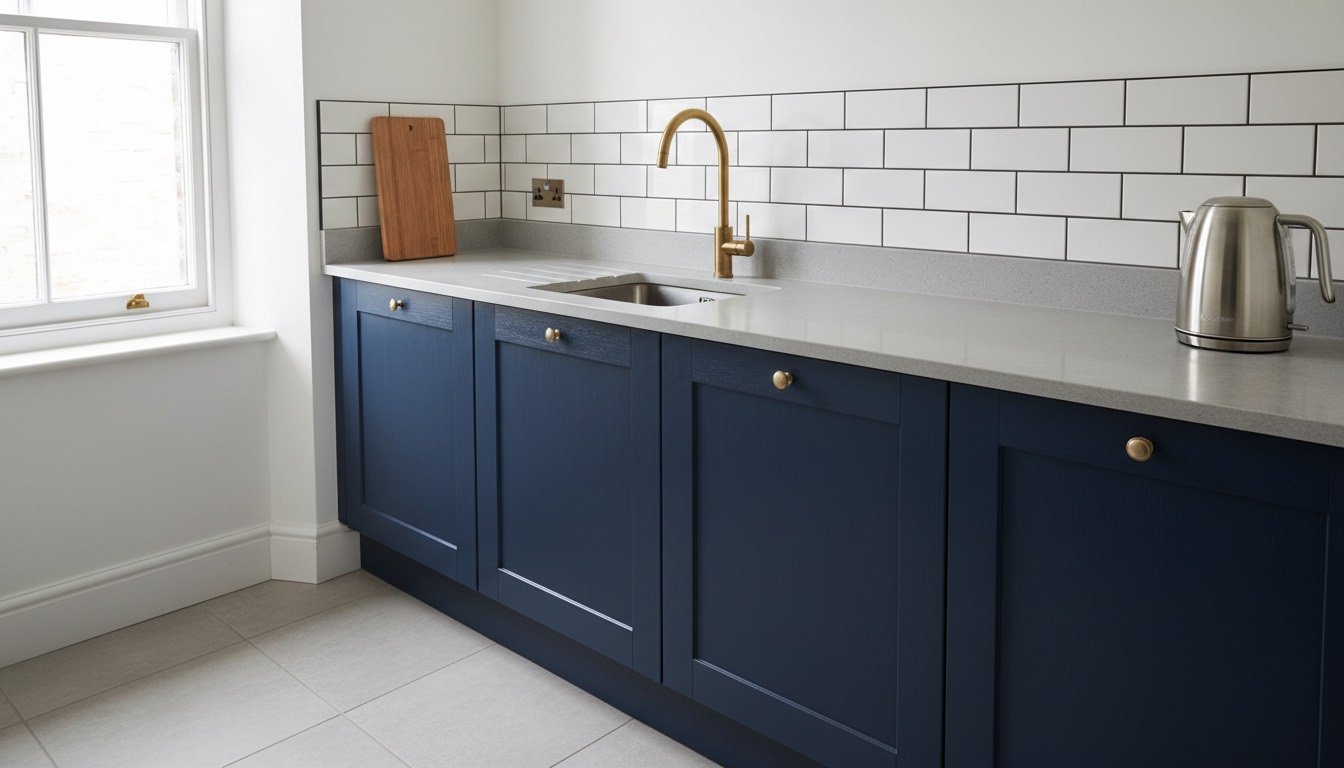 A honed grey quartz kitchen worktop above navy shaker base units, with an undermount stainless sink, brass mixer tap and oak chopping board
