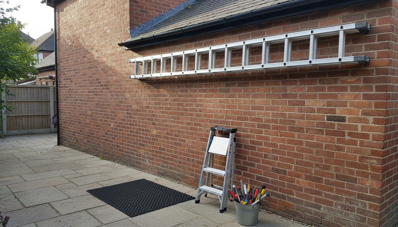 Aluminium three-section extension ladder leaning against the brick rear wall of a British semi-detached house beside black guttering, with a folding step ladder on the patio below.