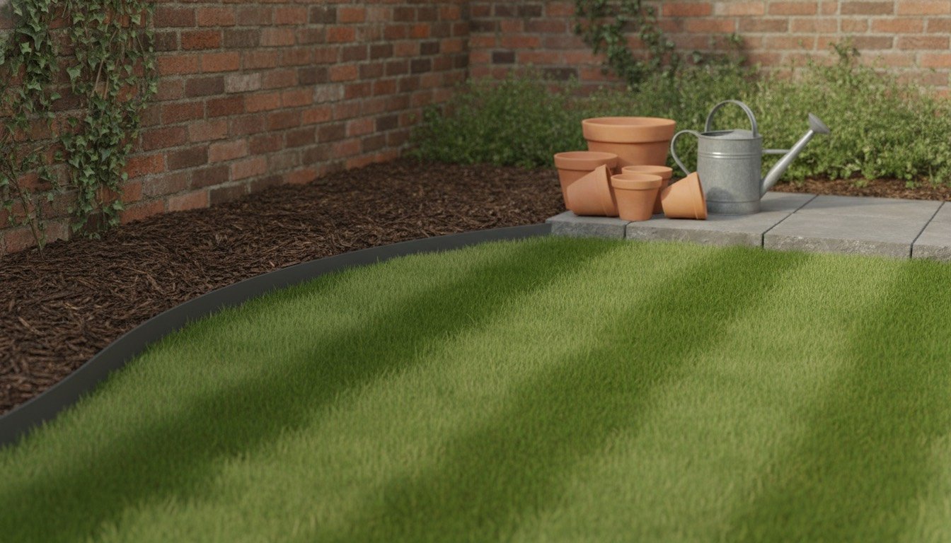 Dark steel garden edging separating a striped lawn from a bark-mulched border in a British back garden