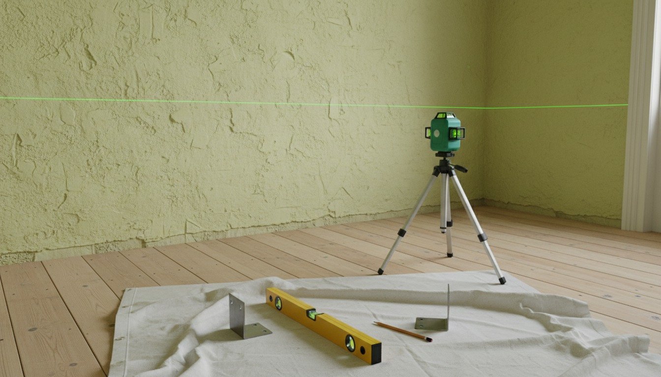 A green cross-line laser level on a tripod projecting a level line across a bare lime-plastered wall in a Victorian room, with a spirit level and shelf brackets on a dust sheet