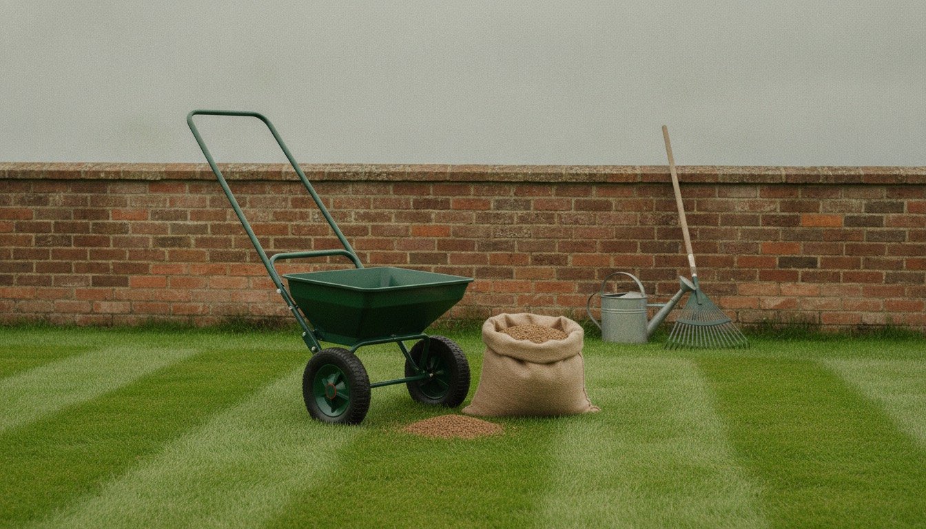 A bag of granular lawn feed and a wheeled drop spreader standing on a freshly mown, striped back lawn beside a brick garden wall