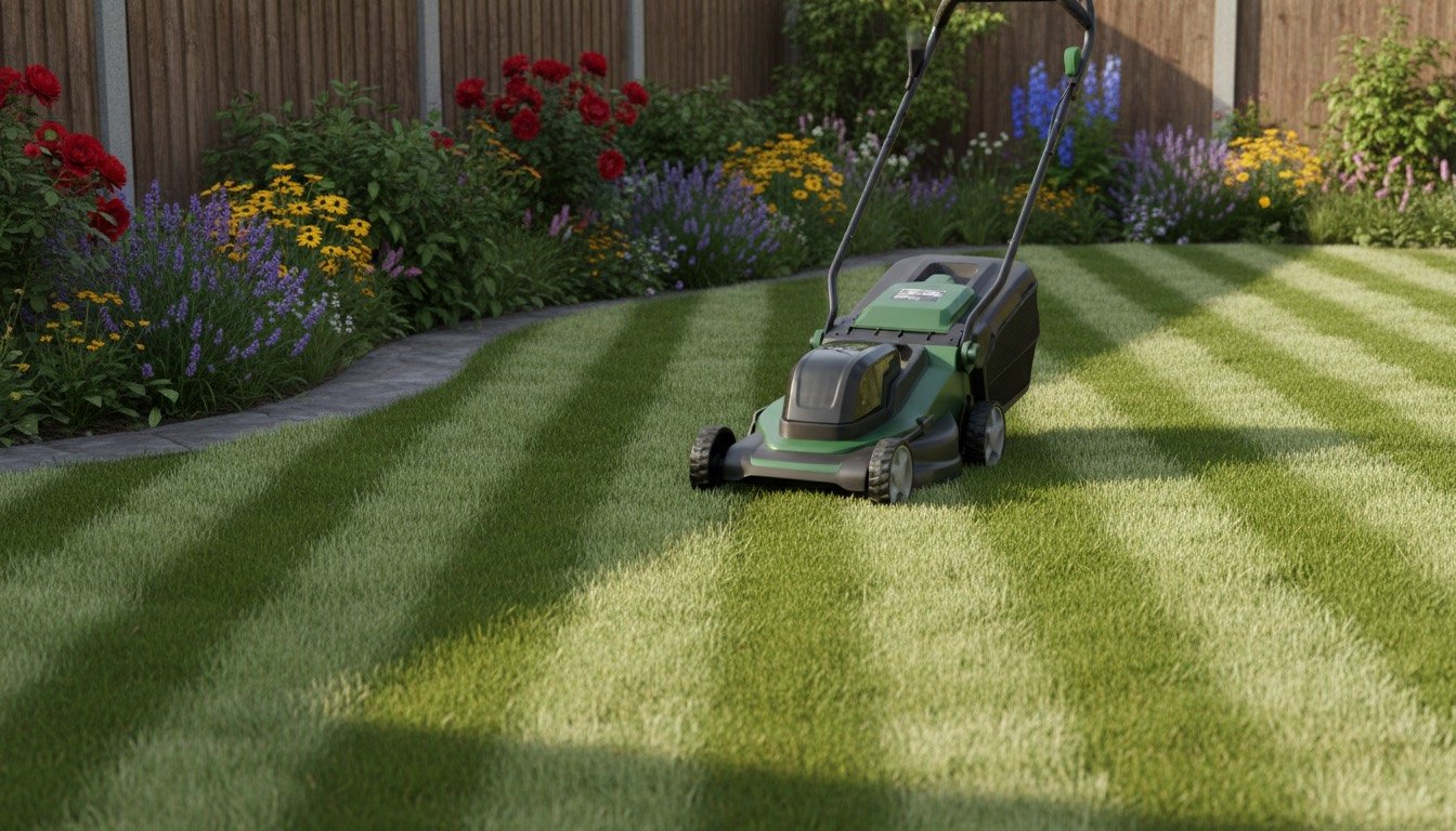 Cordless lawn mower cutting fresh stripes across a small British back garden