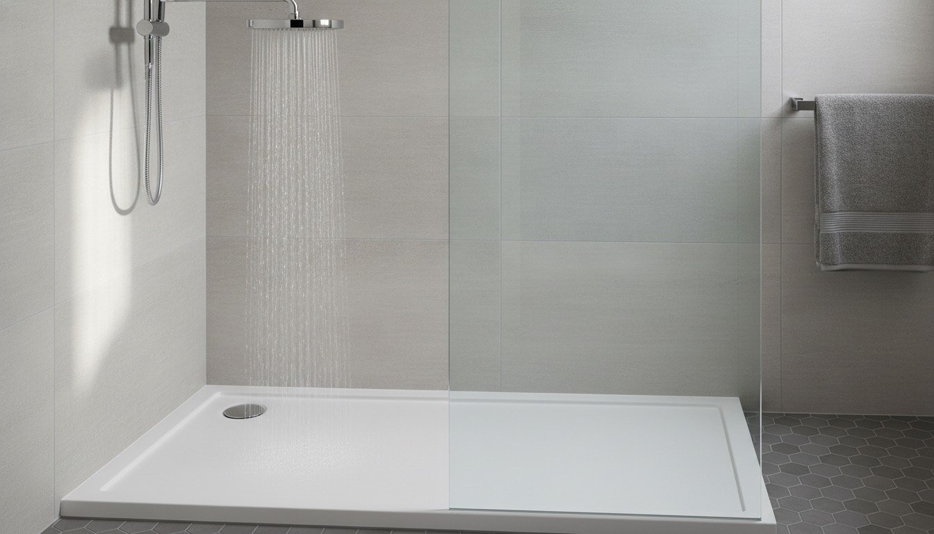 A chrome low flow shower handset on a riser rail in a small tiled UK bathroom, spraying water onto a white shower tray
