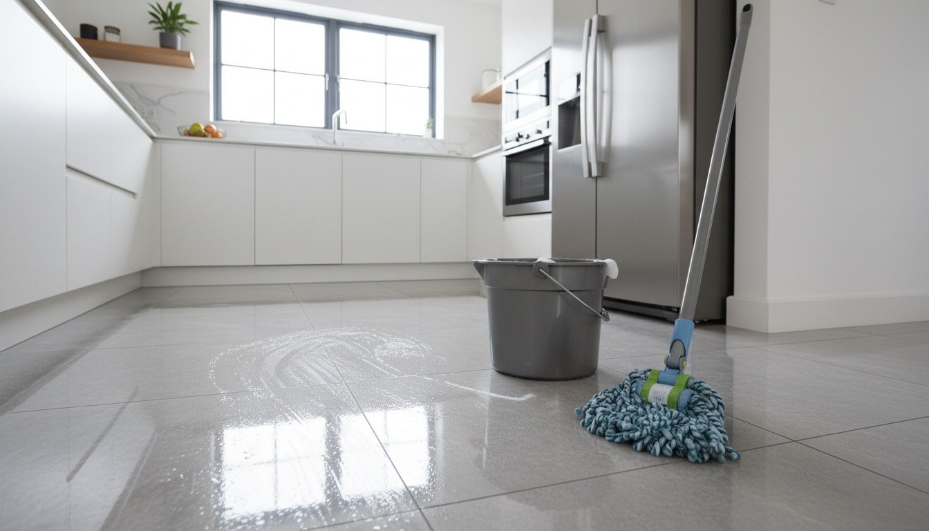 Spin mop and bucket on a bright tiled kitchen floor mid-clean
