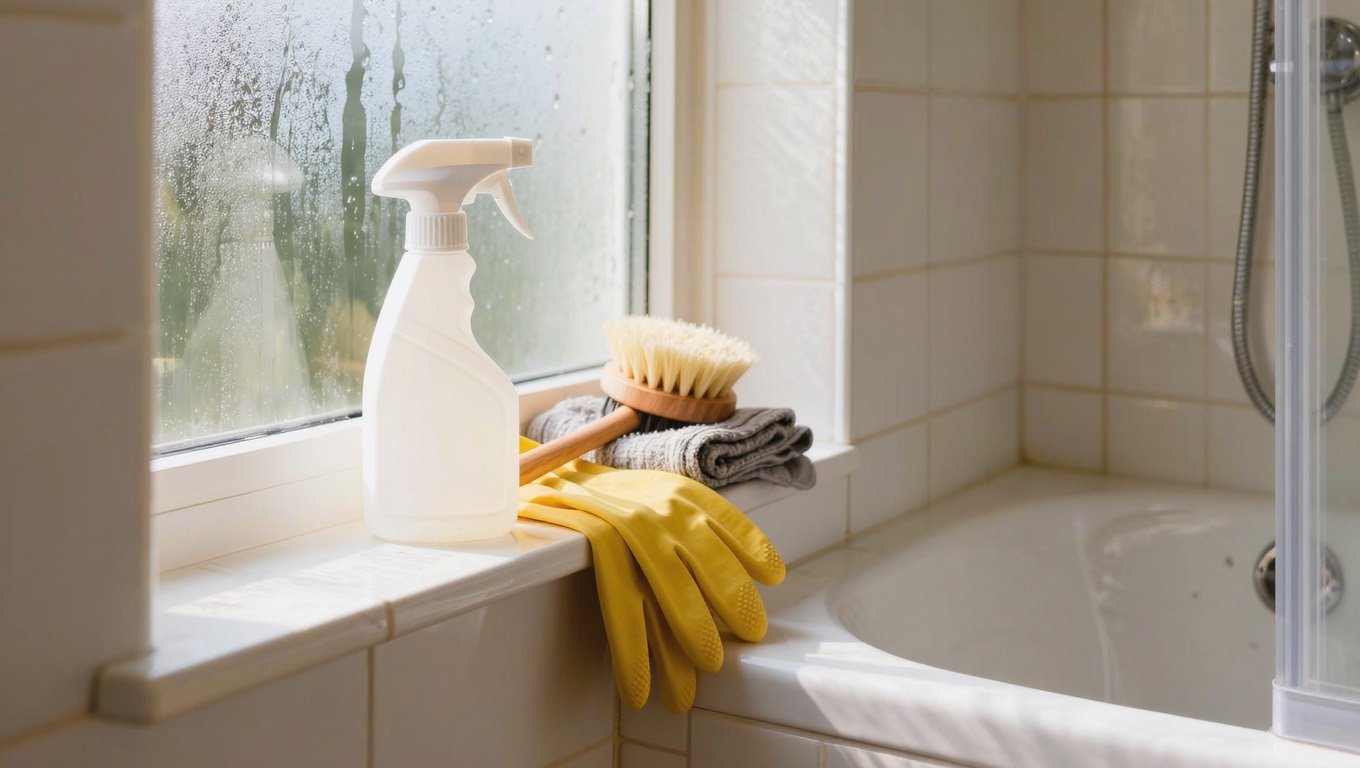 White trigger spray bottle, rubber gloves and scrubbing brush beside a tiled shower corner with clean silicone sealant