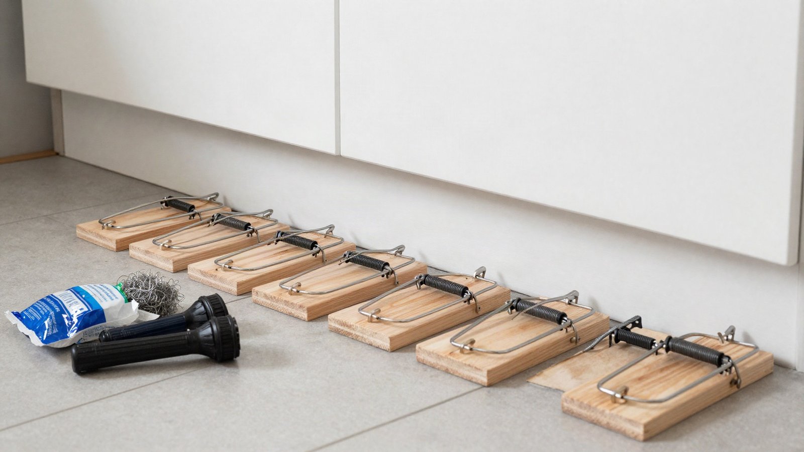 Wooden and plastic snap mouse traps set along the skirting board of a UK kitchen, beside a gap under the units