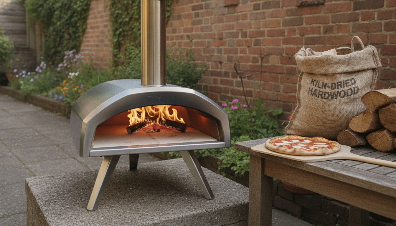 A stainless steel outdoor pizza oven on a paved patio in a British garden, flames visible at the mouth and a Neapolitan pizza on a wooden peel