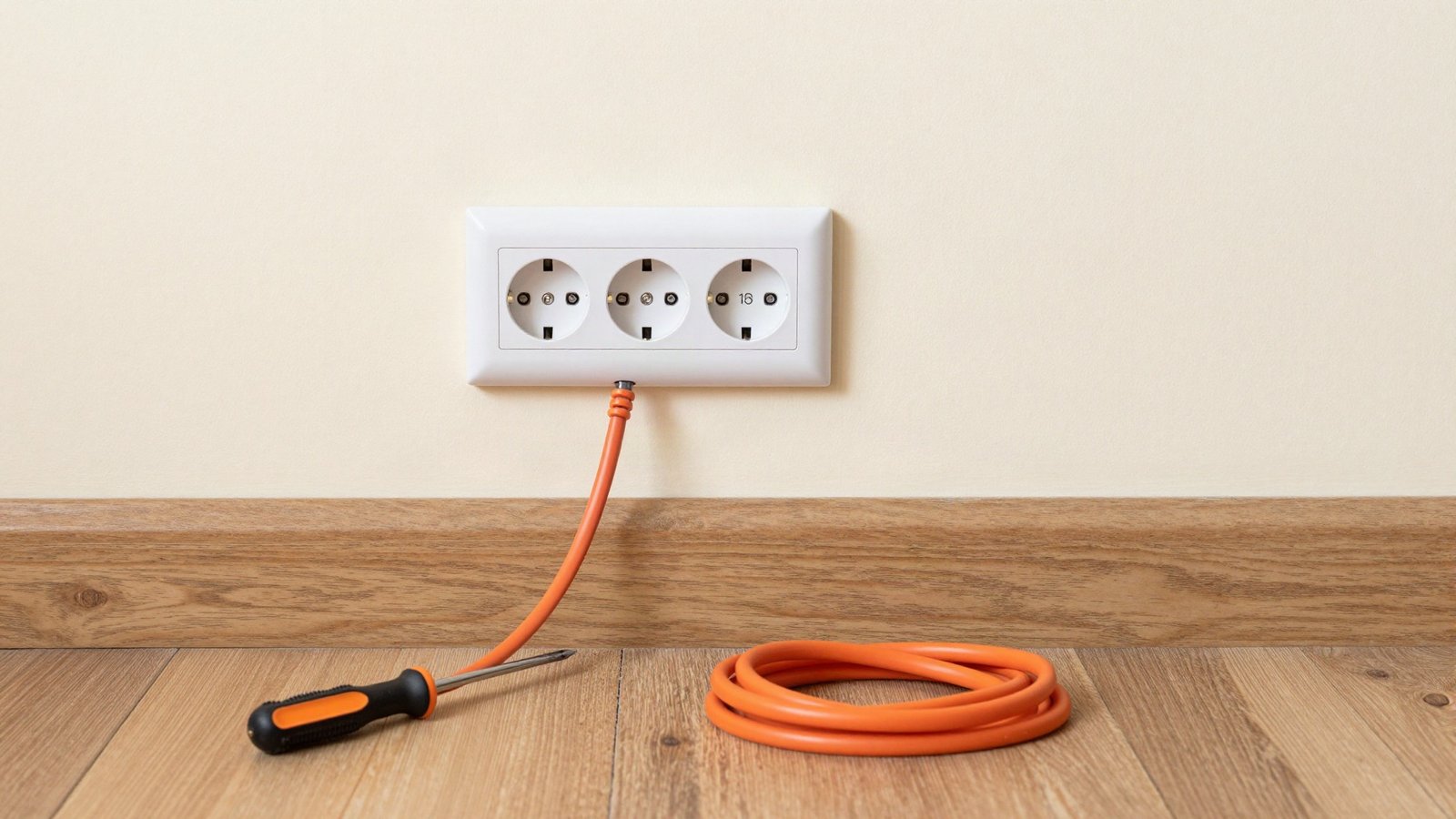 A plug-in three-lamp socket tester fitted into a white double socket on a cream wall, with a screwdriver and coiled extension lead on the floorboards below