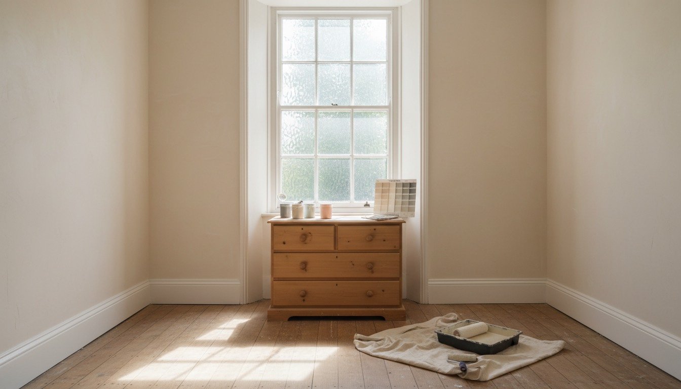 A small UK box bedroom painted in a warm off-white, with a sash window, white painted skirting and a wooden chest of drawers catching afternoon light