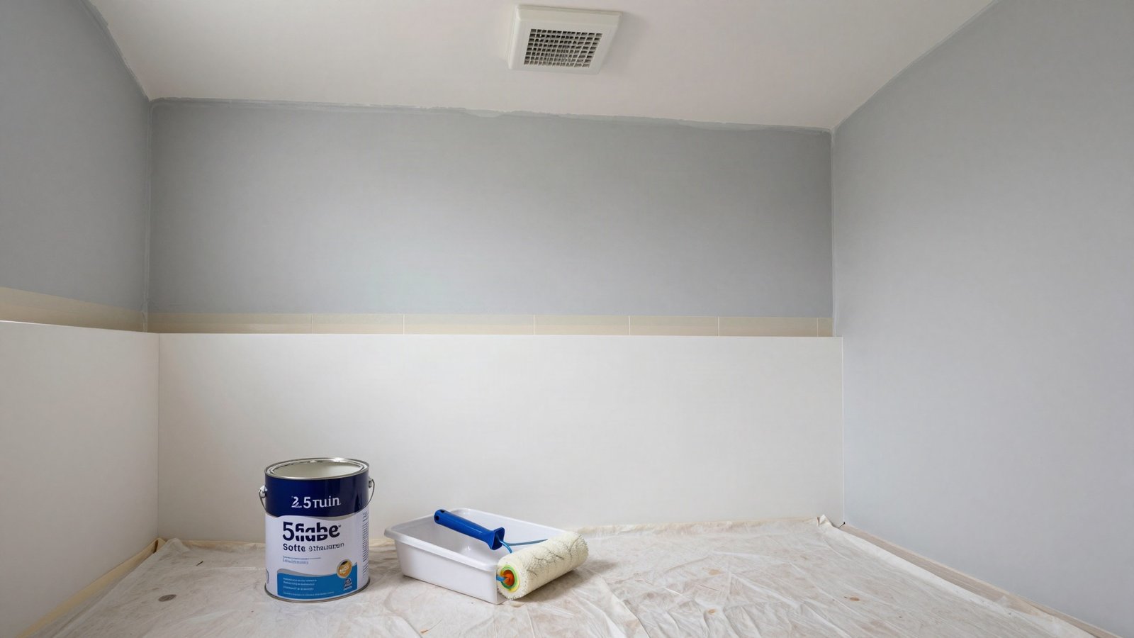 A small UK bathroom part-way through redecoration, with an open tin of soft sheen emulsion, a roller and tray on a dust sheet, and masking tape along the bath panel