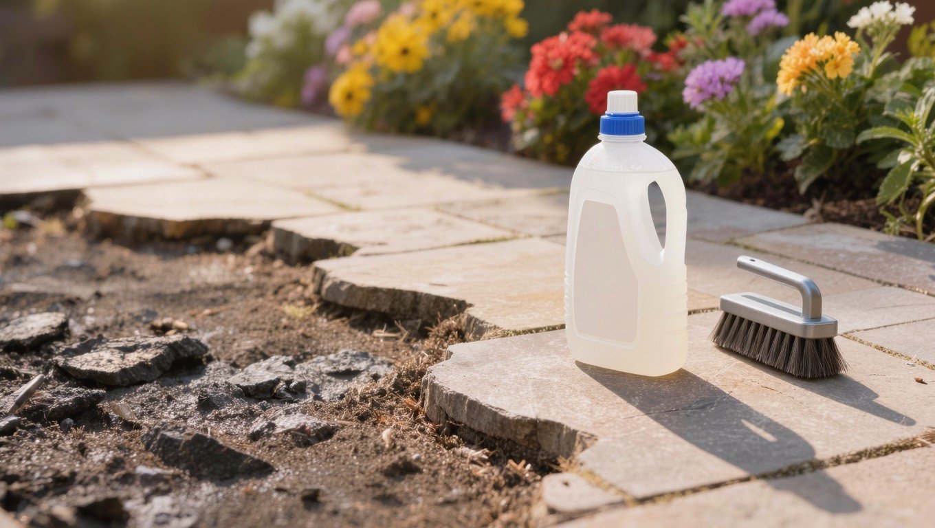 Half-cleaned sandstone patio slabs with a pump sprayer, stiff broom and bottle of patio cleaner concentrate