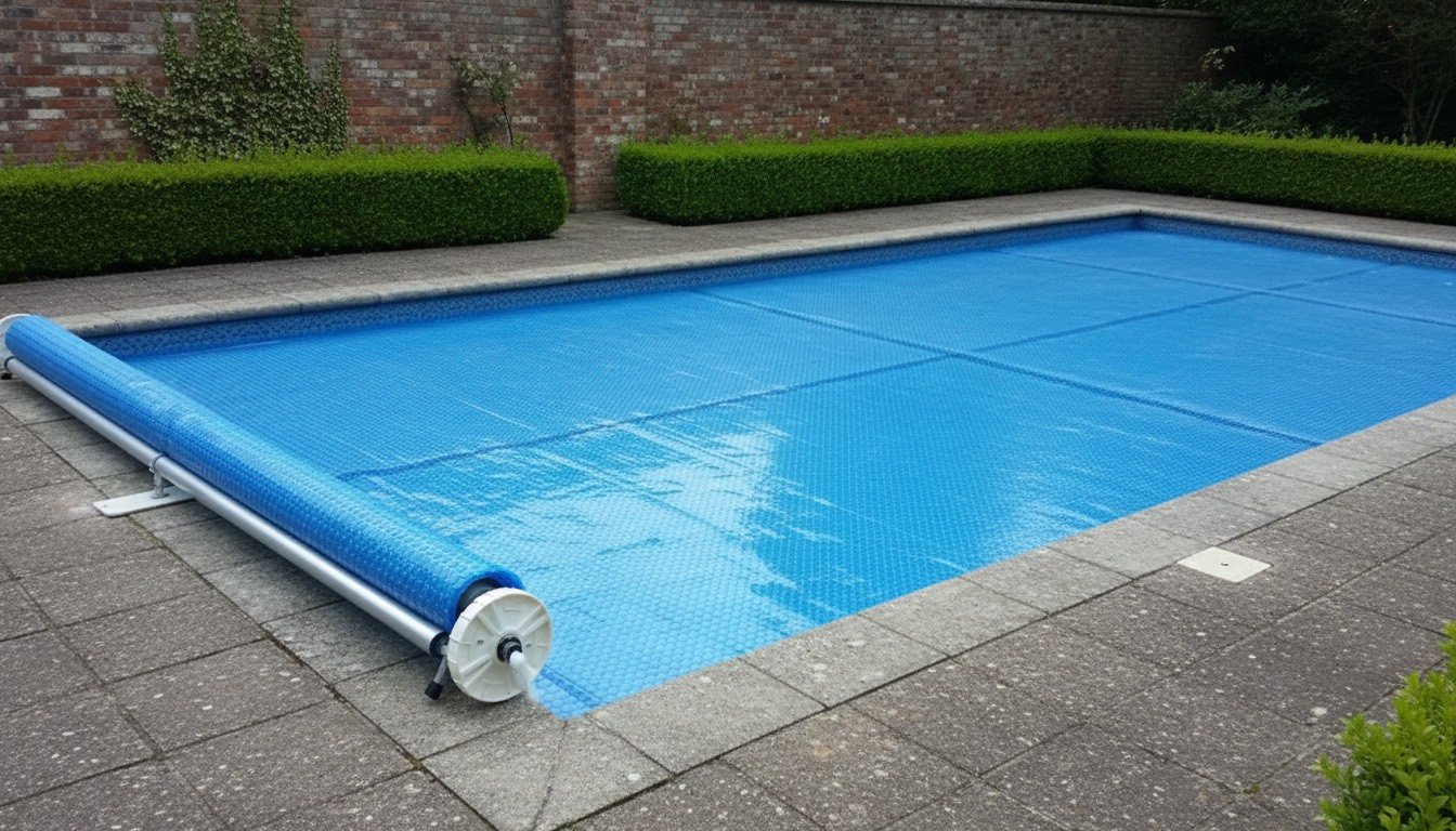 A blue bubble solar cover being drawn across a rectangular outdoor swimming pool on a paved surround in a British garden
