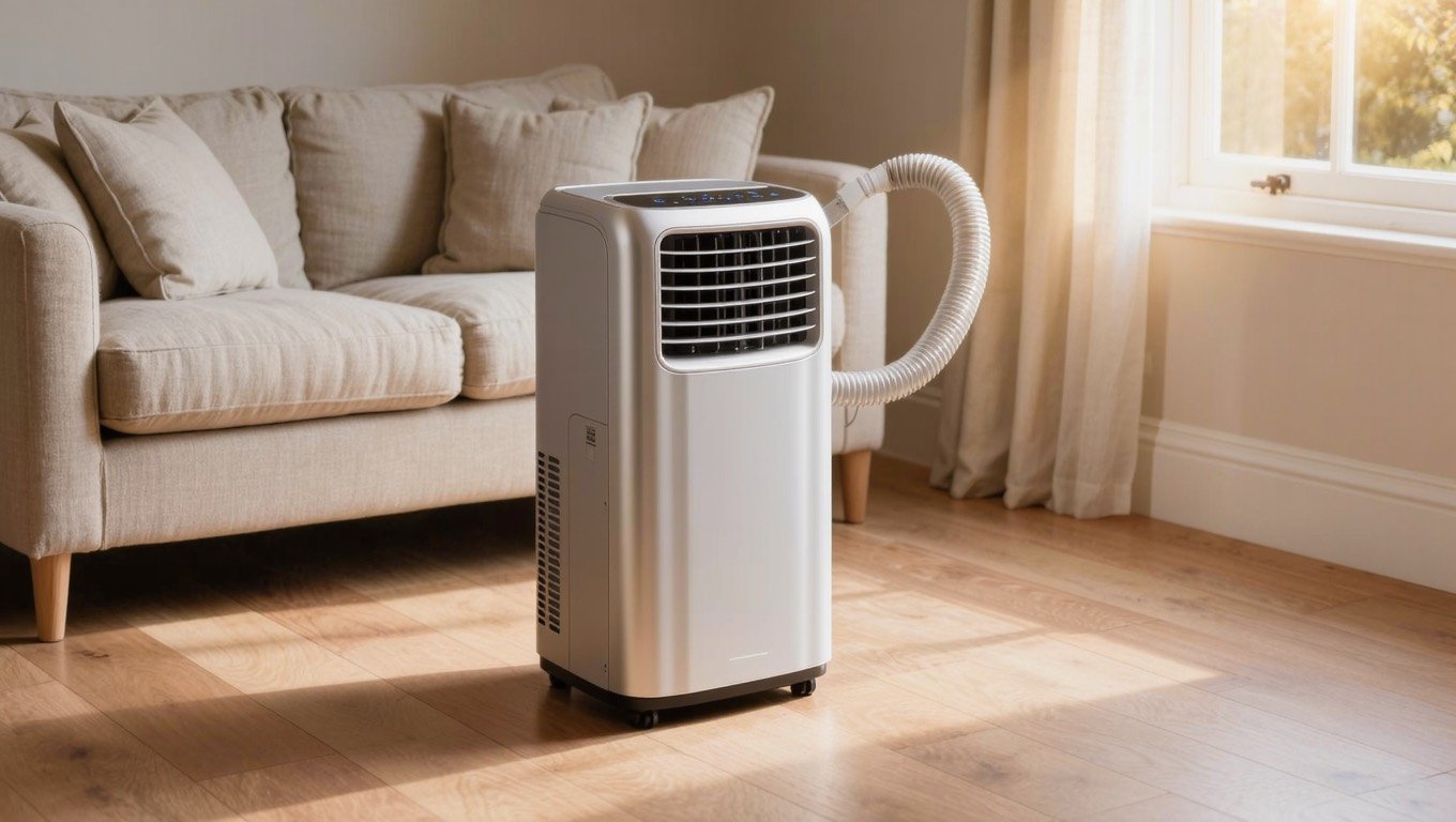 White portable air conditioning unit in a UK bedroom with its exhaust hose vented through a sash window seal kit