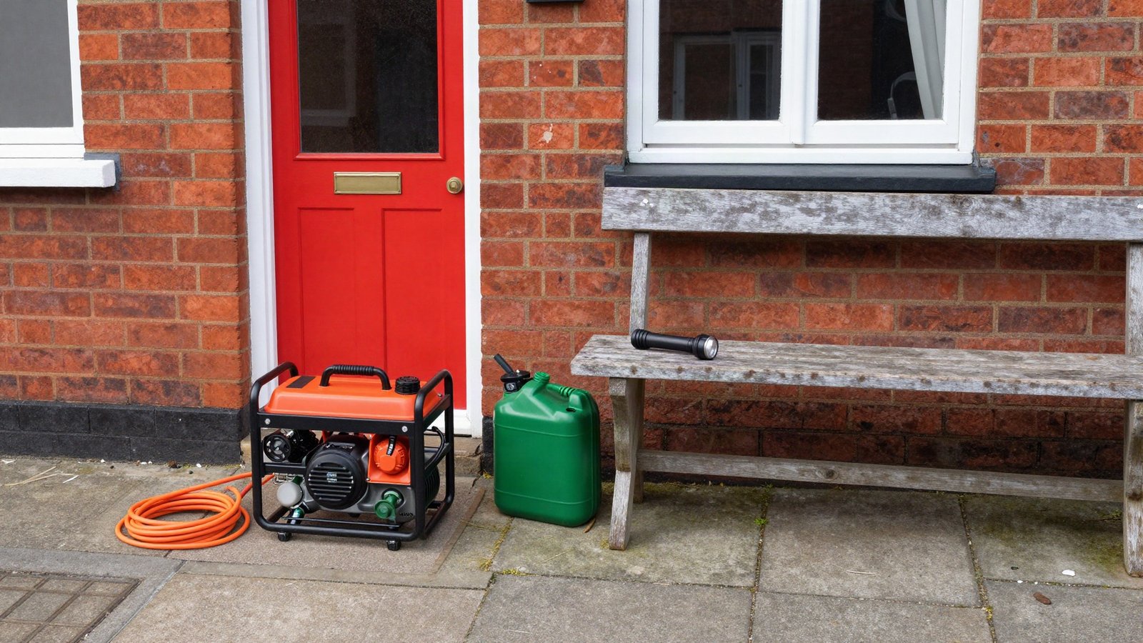 A battery power station and a small petrol inverter generator beside the back door of a UK brick terraced house, with an extension lead and fuel can