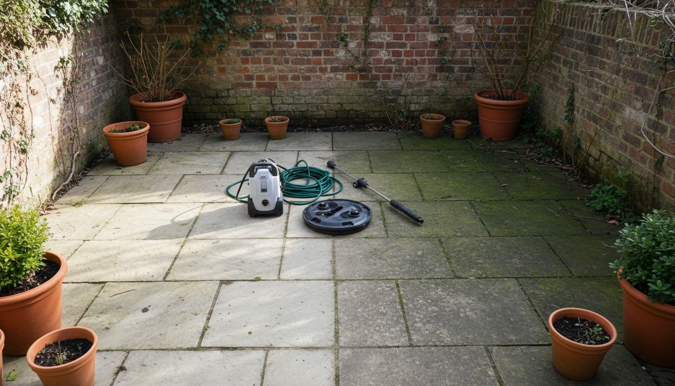 A green algae-covered sandstone patio half cleaned back to pale stone, with a domestic pressure washer, coiled hose and circular surface cleaner attachment beside a brick garden wall