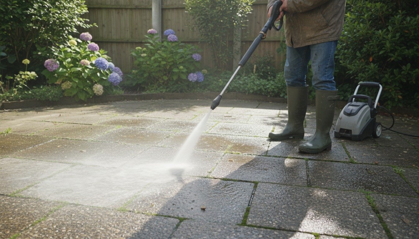 Pressure washer cutting a clean stripe across a grimy patio slab