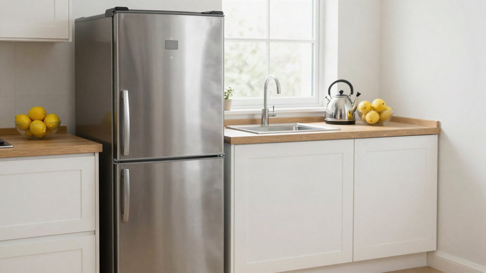 A freestanding stainless steel fridge freezer standing in a small British kitchen with white shaker units and a wooden worktop