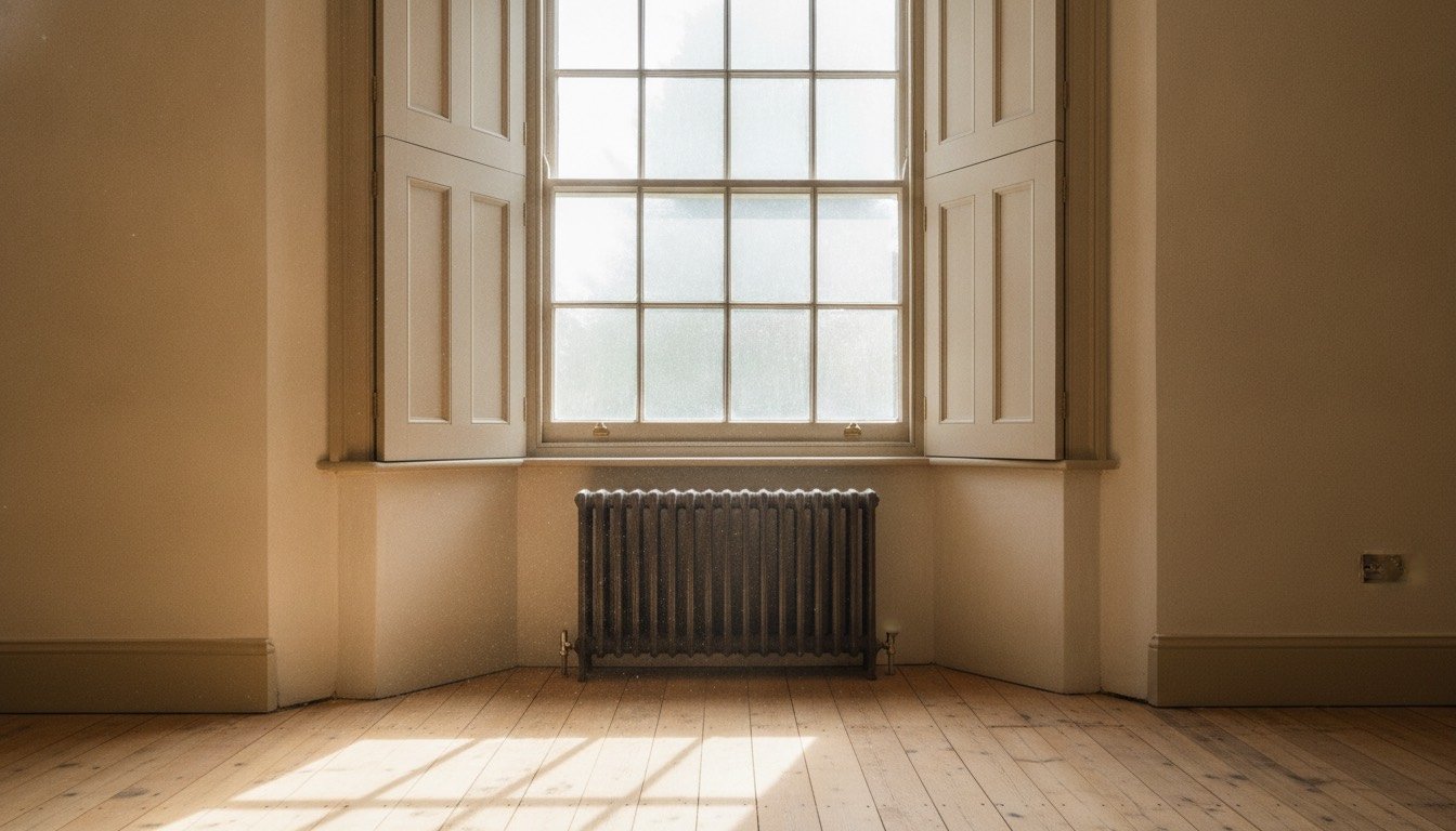 Restored timber box sash window in a Victorian bay with lime-plastered reveals, folding shutters and a cast iron radiator beneath