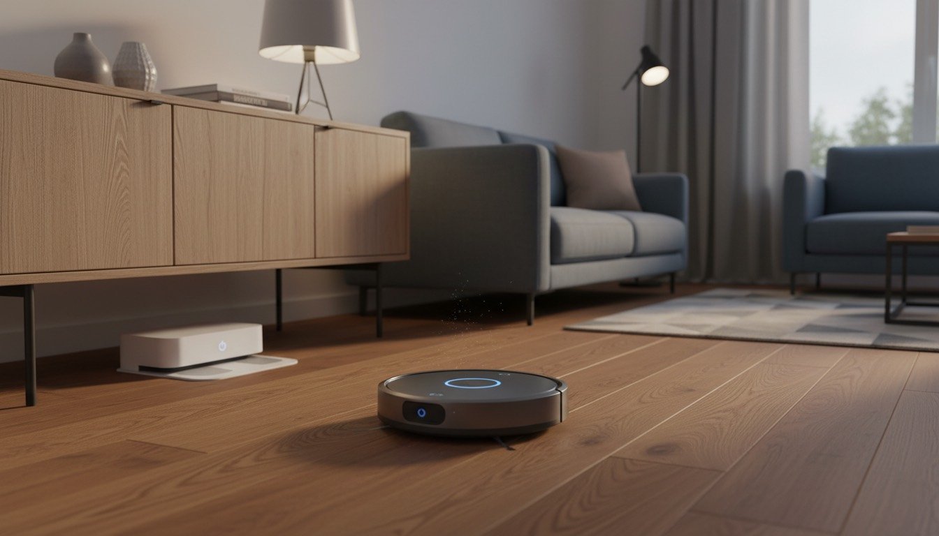 Robot vacuum docking beneath a sideboard in a tidy UK living room