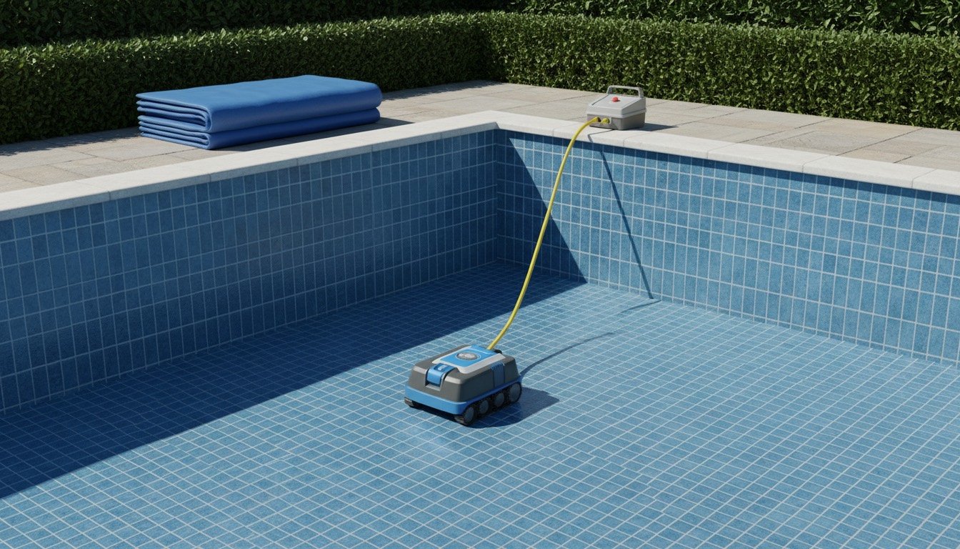 A tracked robotic pool cleaner sitting on the tiled floor of a domestic UK swimming pool with its floating cable coiled on the poolside paving