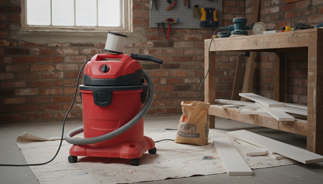 A red wet and dry vacuum with hose and crevice tool standing on a dust-sheeted floor in a UK garage workshop
