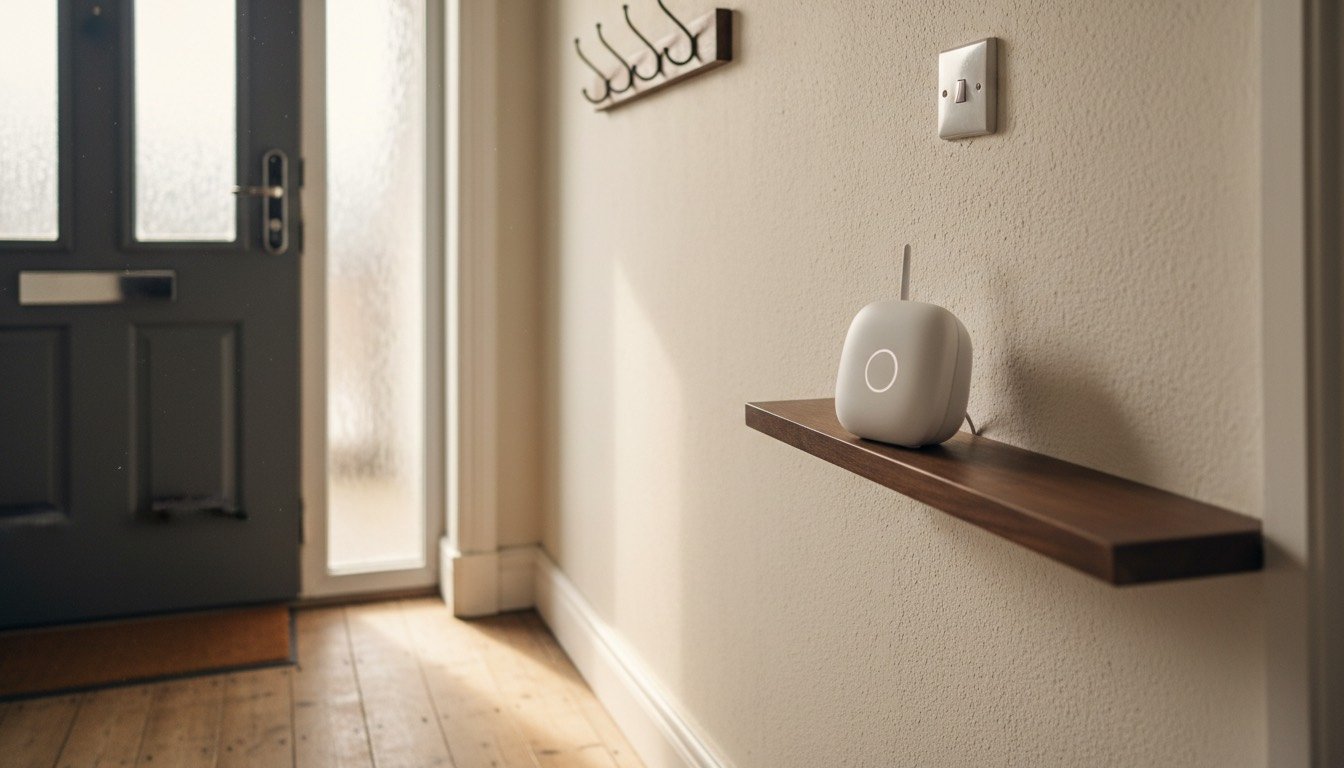 A small white smart home hub on a hallway shelf beside a composite front door fitted with a retrofit smart lock cylinder in a UK home.