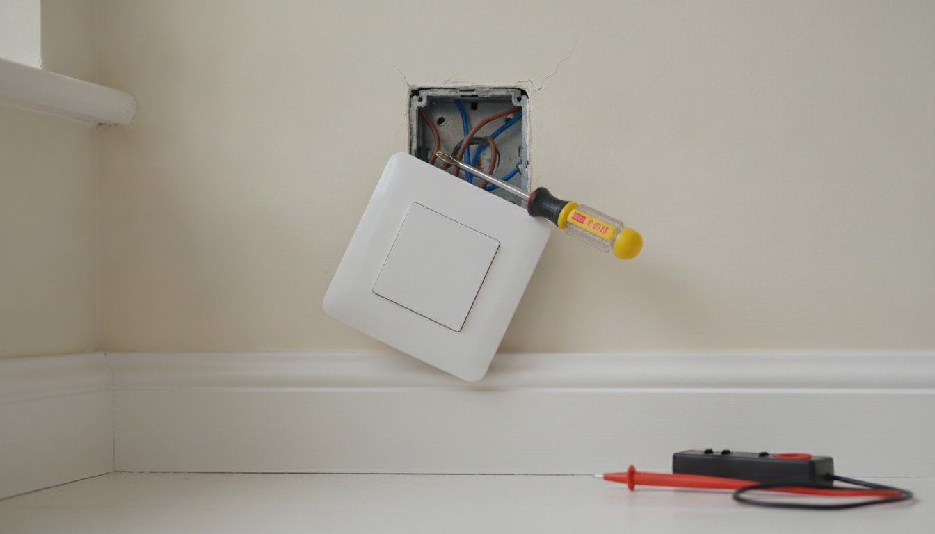 A white square smart light switch faceplate part-removed from a metal back box in a British hallway, with twin-and-earth cable visible and a screwdriver resting on the skirting
