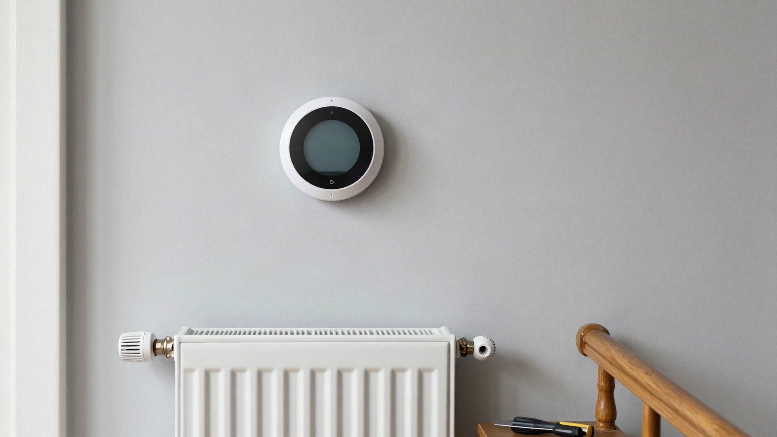 A wall-mounted smart thermostat beside a white panel radiator in a British hallway, with a wiring backplate and screwdriver resting on a side table