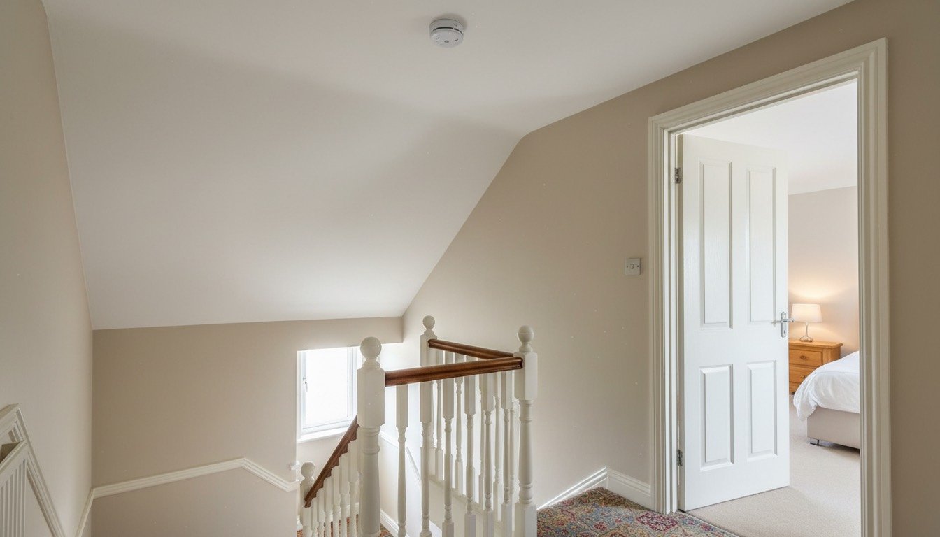A white ceiling-mounted optical smoke alarm on a landing ceiling in a UK terraced house, with the stairwell and bannister below