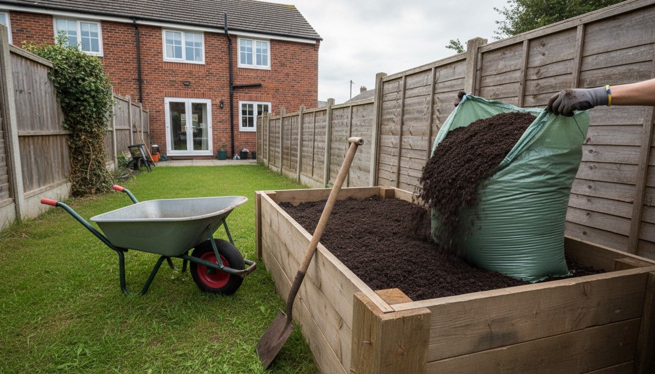 A timber raised bed in a British back garden being filled with dark topsoil from a bulk bag, with a wheelbarrow and spade alongside