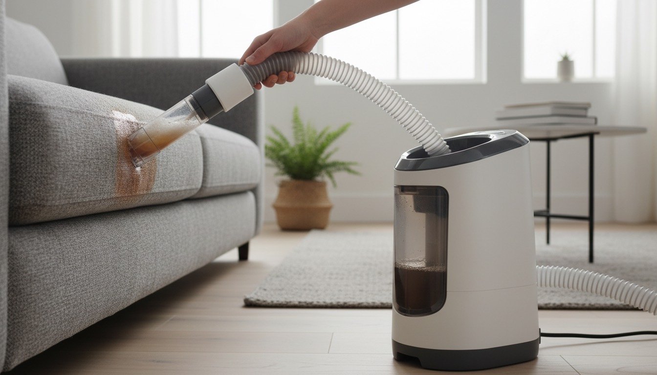 Portable spot cleaner lifting a stain from a grey fabric sofa cushion