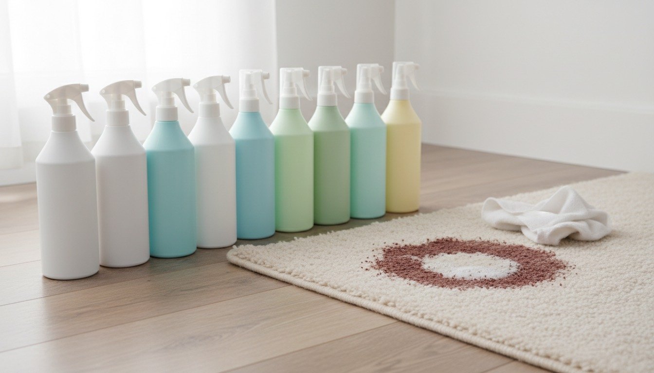 Row of carpet stain remover bottles beside a cleaned patch of cream carpet