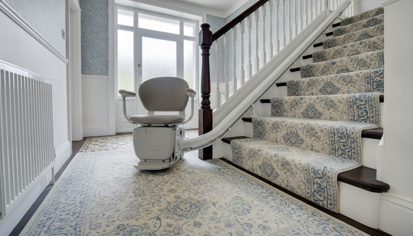 A seated stairlift parked at the foot of a carpeted straight staircase in a UK terraced house hallway