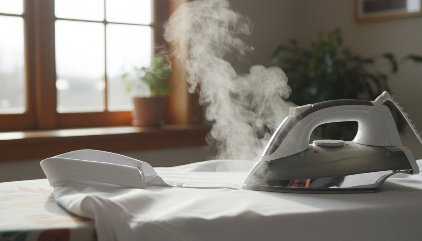 Steam iron gliding over a crisp white shirt on an ironing board in soft daylight