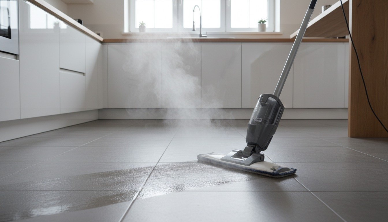 Steam mop gliding across grey tiled kitchen floor leaving a clean streak