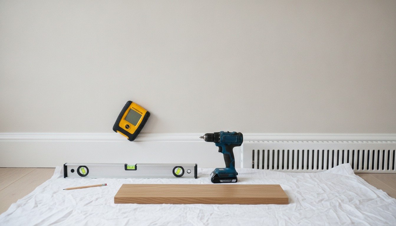 Electronic stud detector resting against a painted plasterboard wall beside a pencil, spirit level and cordless drill on a dust sheet
