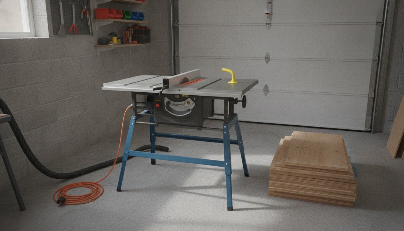 A compact site table saw on a folding stand in a UK garage workshop, with offcuts of birch plywood, a push stick and a workshop vacuum beside it